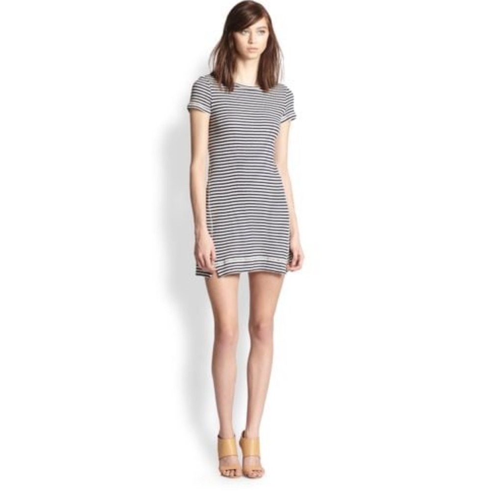 Theory Onissa Striped 100% Cotton Ribbed Mini Dress Small Navy White Coastal EUC